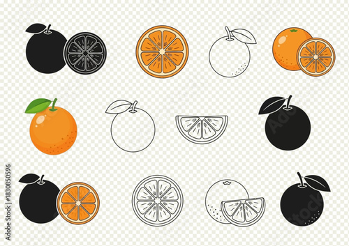 Orange Slice and Whole Orange Icons – Black Line Style and Colorful Vector Set for Menu Design, Packaging, and Healthy Lifestyle Graphics