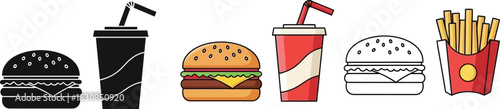 Fast Food Icon Set – Burger, Pizza, Hotdog, Fries, and Snack Vector Collection for Restaurant Menu and Food Delivery Design