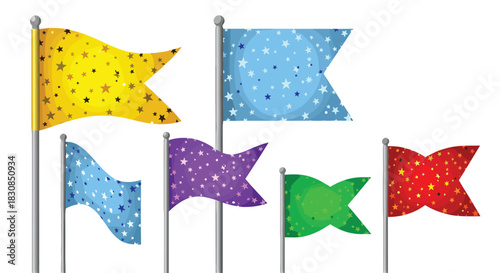 Collection of colorful pennant flags with star patterns on flagpoles against a white background.
