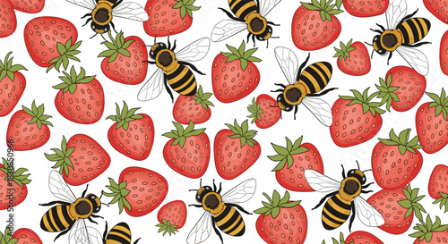 A charming seamless pattern featuring cute bees buzzing around vibrant strawberries on a white background.