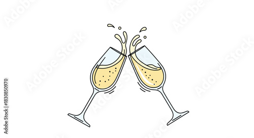 Two champagne glasses clinking together with splashing bubbles and liquid.