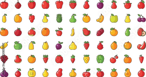 Vibrant Fruits Vector Icon Collection – Colorful Assorted Tropical and Organic Fruit Illustrations for Creative Food Branding and Digital Artwork