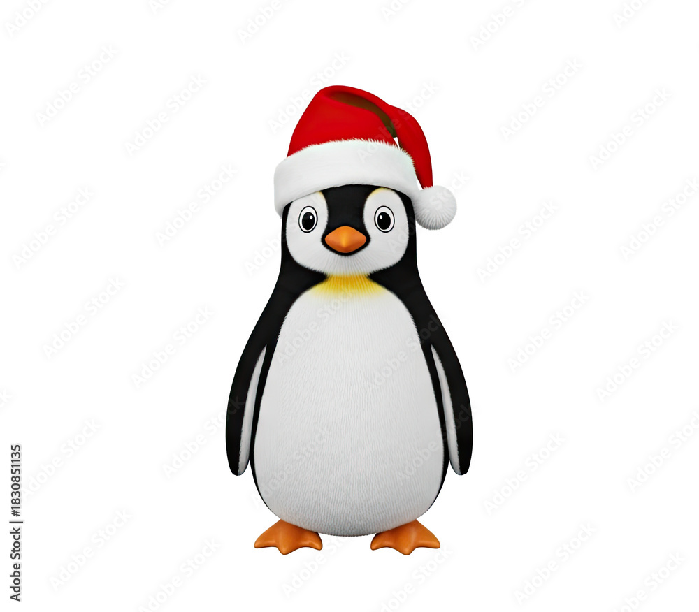 Obraz premium A cute cartoon penguin wearing a Santa hat, standing against a png transparent.
