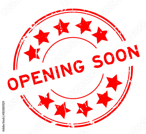 Grunge red opening soon word with star icon round rubber seal stamp on white background