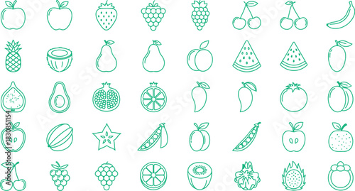 Mixed Fresh Fruits Icon Pack – Modern Outline Vector Collection of Organic, Tropical, and Seasonal Fruits for Healthy Lifestyle and Food Graphics