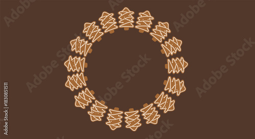 Circular arrangement of gingerbread Christmas tree cookies on a brown background.