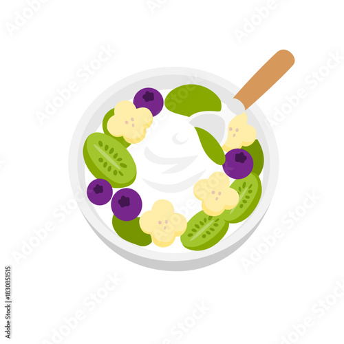 Homemade Freshness Smoothie bowl with fruits vector illustration. Superfood and Social media food trend. Breakfast Acai Bowl Healthy food