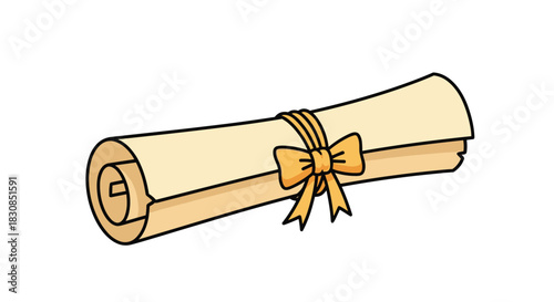 A cartoon illustration of a rolled-up scroll tied with a yellow ribbon and bow.