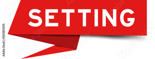 Red color speech banner with word setting on white background