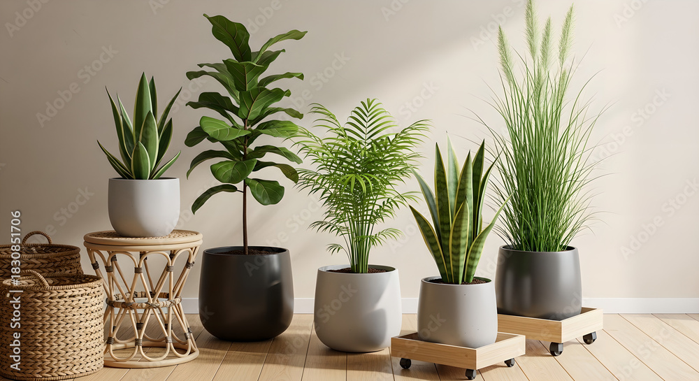 Fototapeta premium Indoor Potted Plants Green Variety Home Decor Light Wall Copy Space