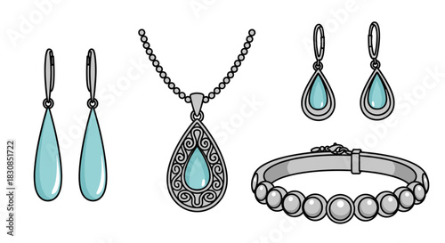 Collection of elegant silver jewelry with blue gemstone accents.