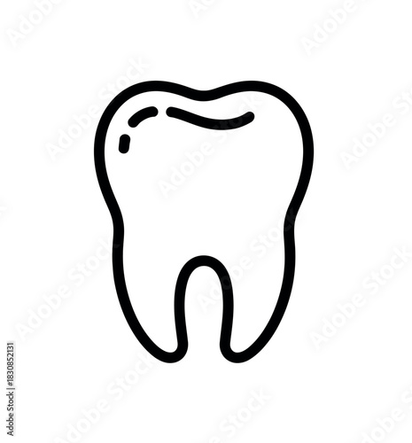 A simple, clean line drawing of a human molar tooth is presented, symbolizing dental health and oral hygiene.