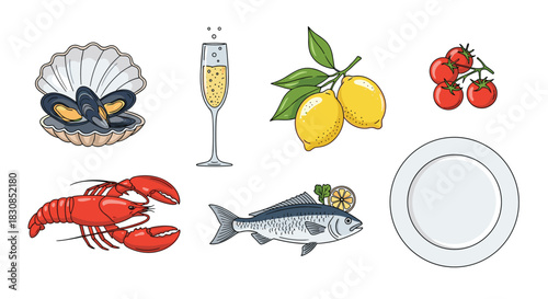 Illustration of seafood, champagne, lemons, tomatoes, and a plate on a white background.