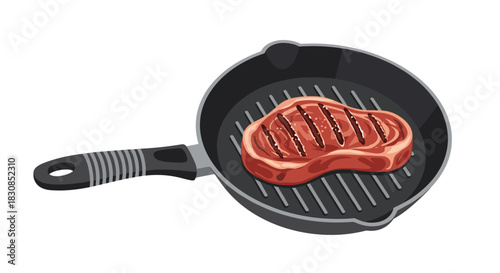 Illustration of a steak cooking on a grill pan with visible grill marks and seasoning.