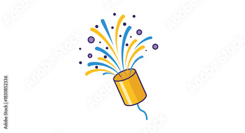 A gold party popper exploding with blue and yellow streamers and purple confetti.