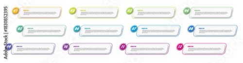 Bullet points numbers from 1 to 12 list markers. Infographic boxes with numbers for sequential processes or annual highlights, progress, process