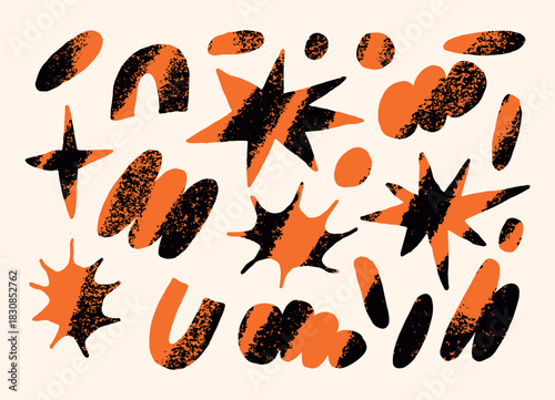 Set of abstract orange and black grunge shapes and starbursts with textured distressed effect. Hand drawn doodle style elements for modern collage design, posters, stickers, backgrounds. Vector