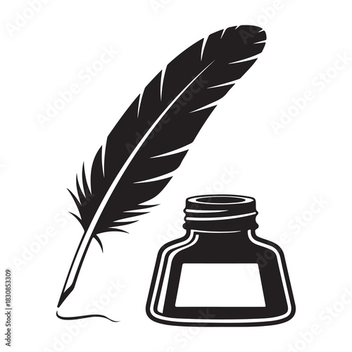 Classic quill pen and inkwell silhouette symbolizing writing and creativity in a timeless artistic style