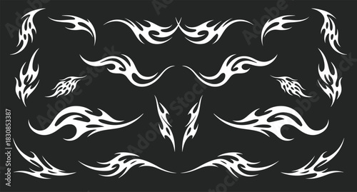 Set Neo tribal vector gothic art pack. Y2k cyber sigil aesthetic tattoo, simmetric ethnic celtic shape. Vector illustration of emo gothic tribal tattoo designs, acid metal music poster