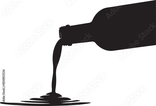 Silhouette of a dark liquid being poured from a bottle onto a white background