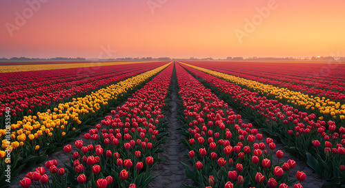 Vibrant Tulip Fields at Sunset, Netherlands