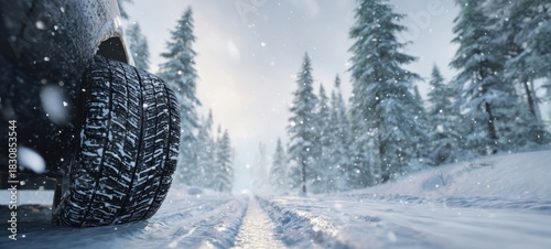 The Tire on a Snowy Road Through a Frosty Pine Forest at Dawn