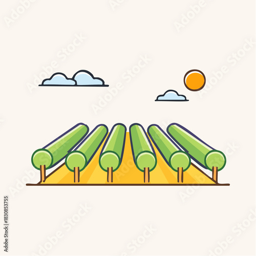 Green Trees Lined Up In Rows Under A Sunny Sky With Clouds On A Yellow Field Agricultural Landscape