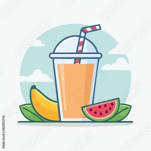 Refreshing Orange Juice Smoothie in Clear Plastic Cup with Striped Straw Banana Slice and Watermelon Wedge Surrounded by Green Leaves Against Cloudy Sky Background Simple Flat Illustration