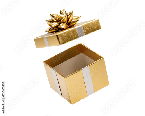Open golden gift box with decorative ribbon, isolated on transparent cutout background