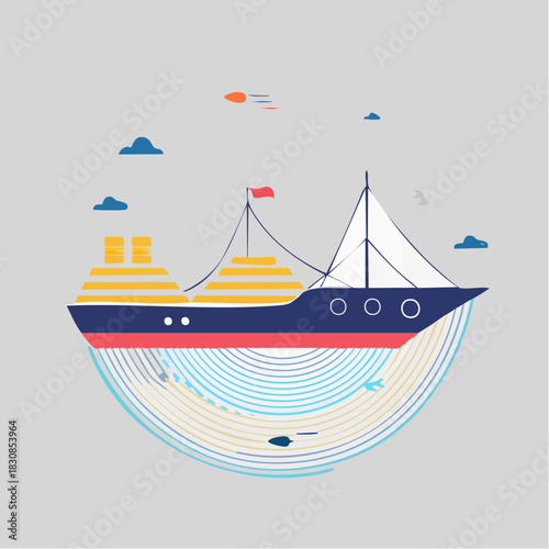 Large Blue And Yellow Passenger Ship Sailing On Water With Colorful Waves And Small Clouds In The Sky