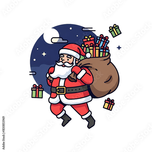 Santa hurries with a huge sack overflowing with Christmas gifts.
