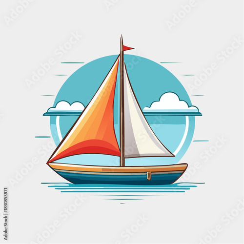 Colorful Sailboat Gliding on Water Under a Blue Sky with Clouds and a Circle Motif