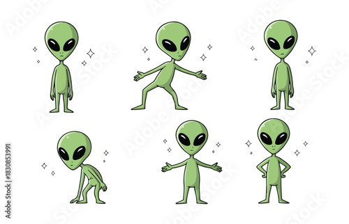 Collection of six adorable cartoon aliens in various playful poses against a white background