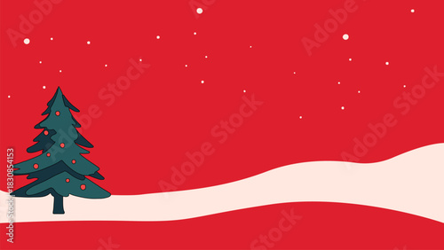 Christmas Tree and Snow on Red Background. Minimalist Flat Vector Illustration