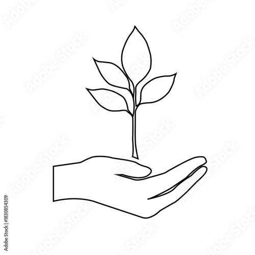 Hand Holding Small Sprout or Plant. Simple outline design 
