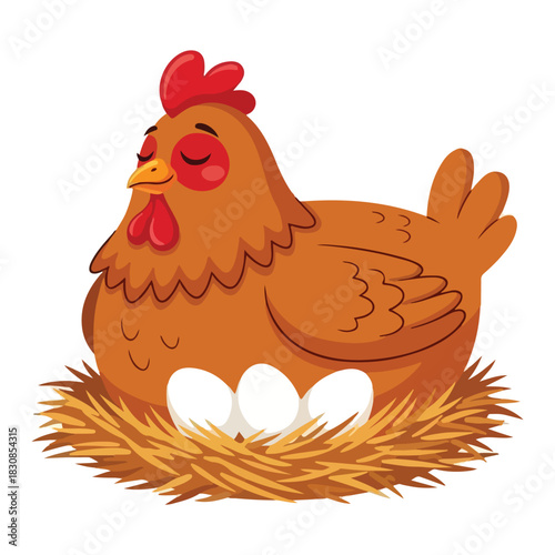 A charming cartoon hen sits protectively upon a nest filled with three pristine white eggs