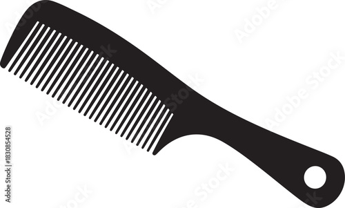 A simple black silhouette of a comb with a handle and hanging hole on a white background