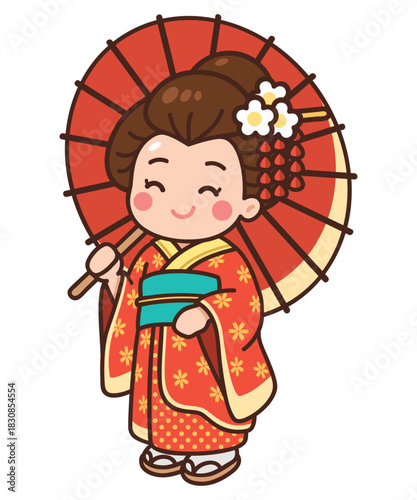 Cute Geisha Girl in Kimono with Traditional Parasol Illustration