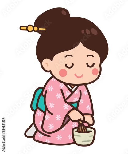 Cute Japanese Tea Ceremony Girl in Kimono Illustration