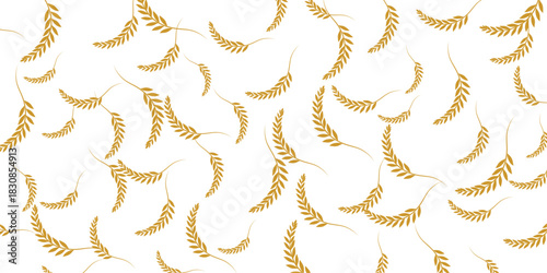 Seamless pattern of scattered golden wheat ears on a white background