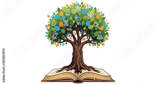Vibrant illustration of a knowledge tree with diverse science symbols on its leaves, rooted deeply in an open book, representing learning, education, and intellectual growth