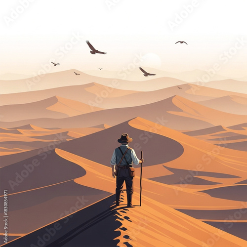 Man walking alone in desert and on beach