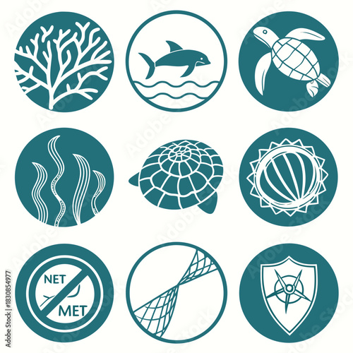 Set of nine circular icons representing marine life conservation, ocean protection, and antifishing symbols