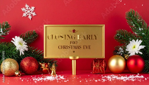 “CLOSING EARLY FOR CHRISTMAS EVE” sign with festive decor on red background.