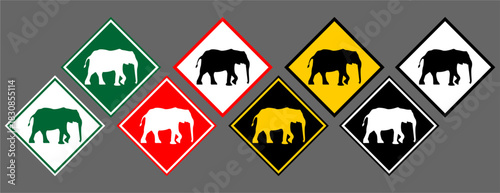 Vibrant vector illustration featuring multiple diamond-shaped warning signs with elephant silhouettes in various color combinations, perfect for safety and wildlife alerts.