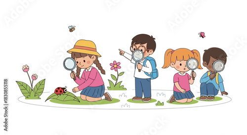 Kids Discovering Nature Children Exploring with Magnifying Glasses