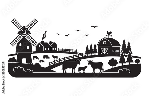 Charming silhouette of a rural farm scene featuring a windmill barn and livestock under a bird filled sky