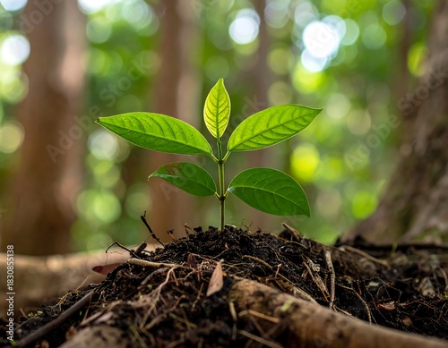 Young plant growing from the ground. Forest in blurred background. Sunlight. New beginnings. Fresh and full of promise