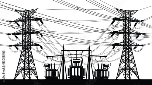 Complex Electrical Substation and Twin High-Voltage Transmission Towers, Power Grid Distribution Hub, Energy Infrastructure Vector, Cad Drawing Flat Illustration