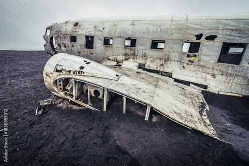 Side view of plane wreck on a Solheimasandur black beach, Iceland